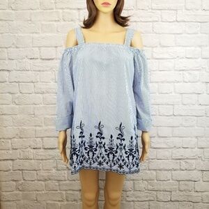 Zara Trafaluc blue white striped cold shoulder top